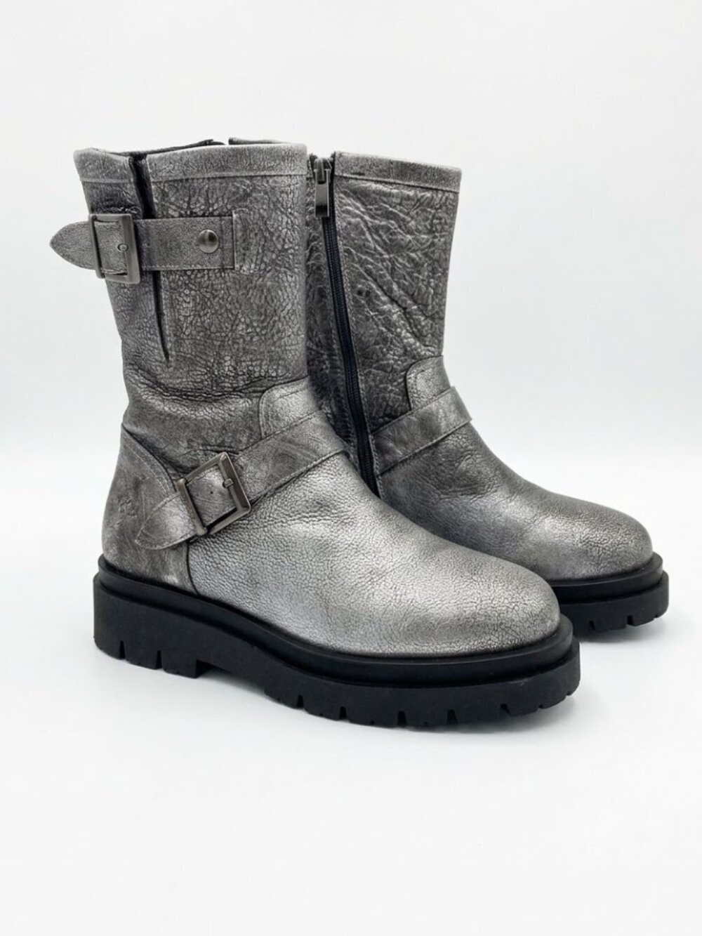 Bos & Co Marang Waterproof Silver Distressed Leather Moto Boots Mid-Calf S 41/10